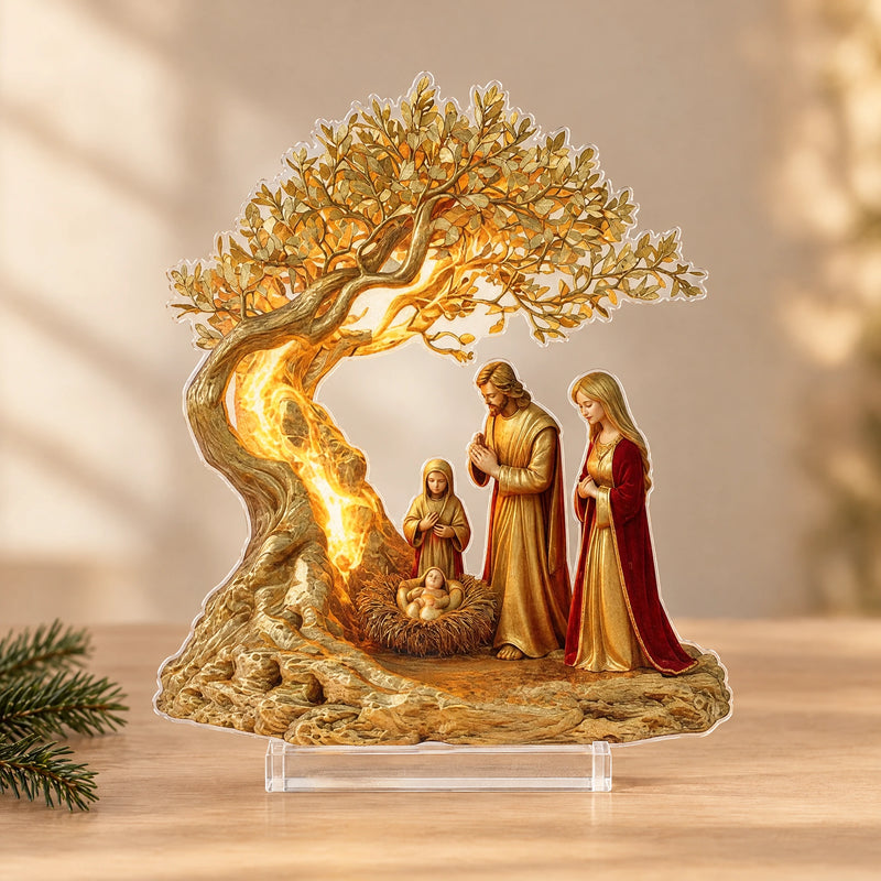 Flat Acrylic Christmas Nativity Scene – Holy Family Under an Olive Tree