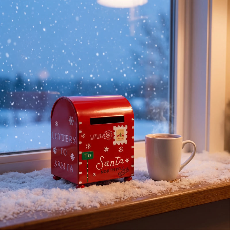 Red Christmas mailbox on a windowsill at dusk with snow falling outside and a mug beside it
