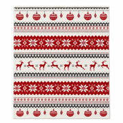 Fair isle Christmas throw blanket in off-white, deep red and grey, laid flat on a white background
