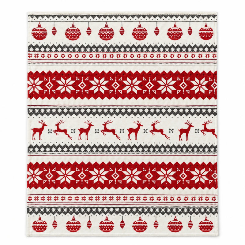 Fair isle Christmas throw blanket in off-white, deep red and grey, laid flat on a white background