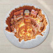 Round flat printed gingerbread village rug on a pale neutral floor