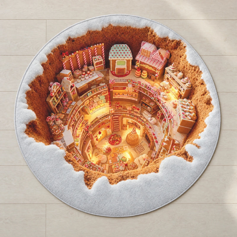 Round flat printed gingerbread village rug on a pale neutral floor