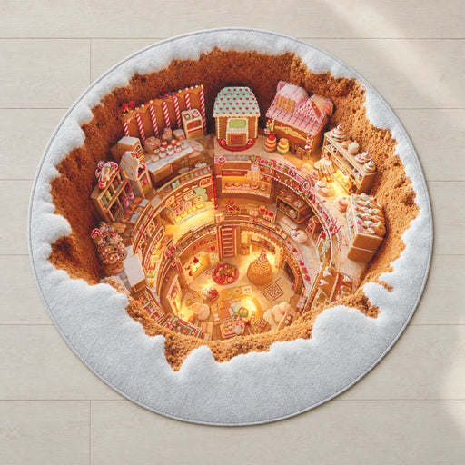 Round flat printed gingerbread village rug on a pale neutral floor