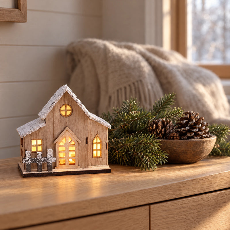 Christmas LED Light Wooden House – Snow-Flocked Wood Cabin Decoration