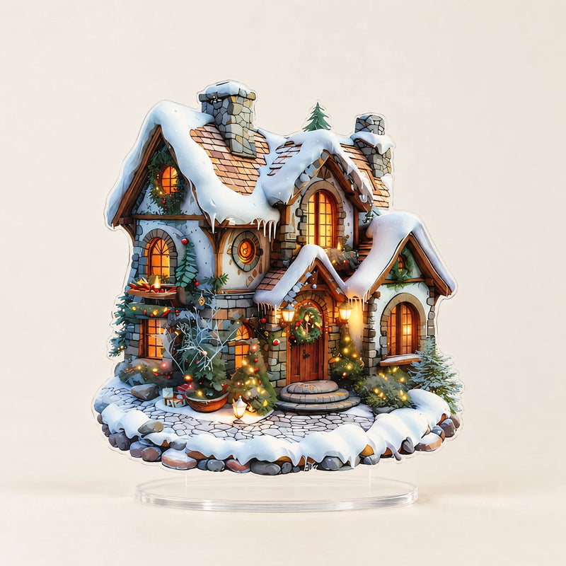 Flat Acrylic Christmas Snowhouse Tabletop Decoration – 8-Inch Winter Village Scene