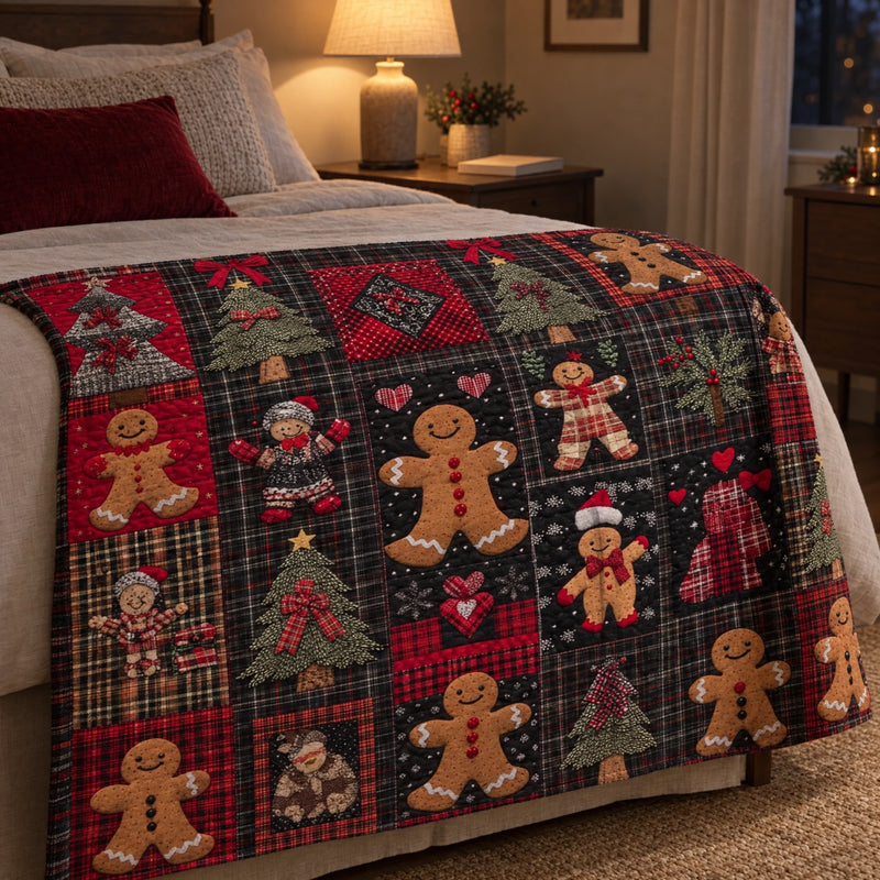Tartan gingerbread Christmas throw at the foot of a bed in a bedroom lit by a warm bedside lamp