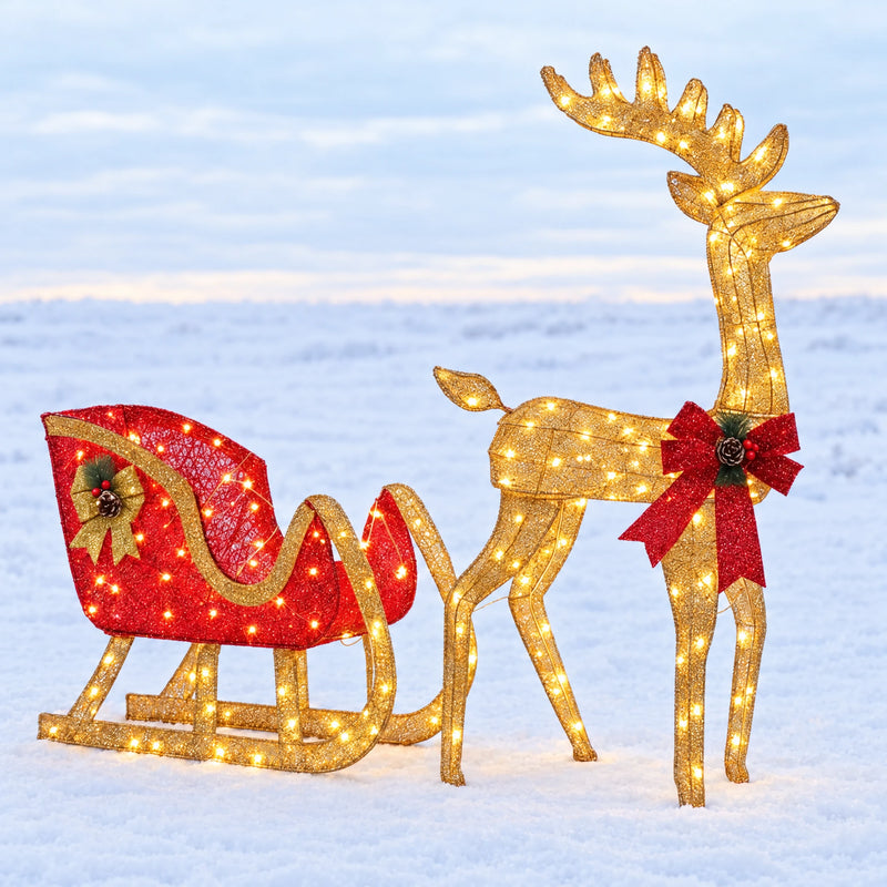 Lighted Christmas Reindeer & Santa Sleigh Set — 2-Piece, Pre-Lit