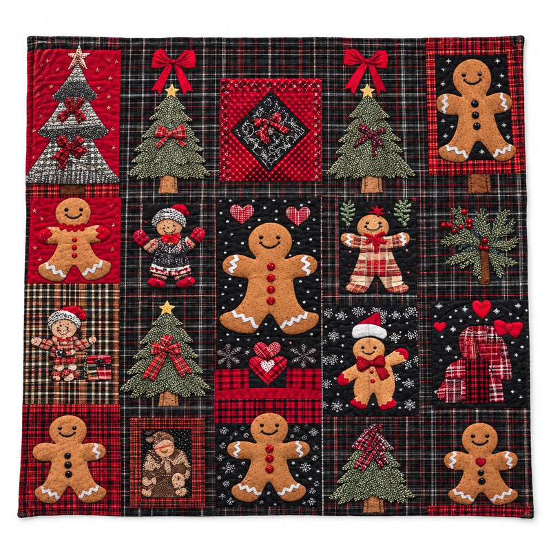 Tartan gingerbread Christmas throw blanket in dark plaid, laid flat on a white background