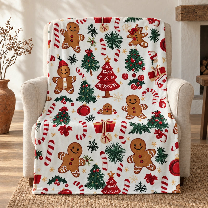 Gingerbread print Christmas throw blanket on a white ground, draped over a linen armchair