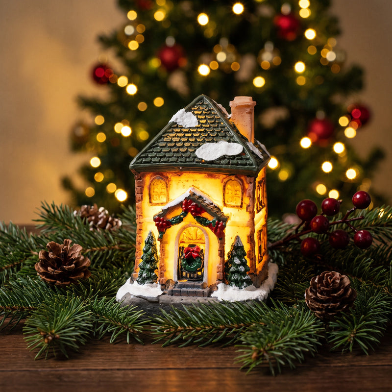 Lighted Christmas village house ornament on fir branches with a Christmas tree and golden fairy lights behind it