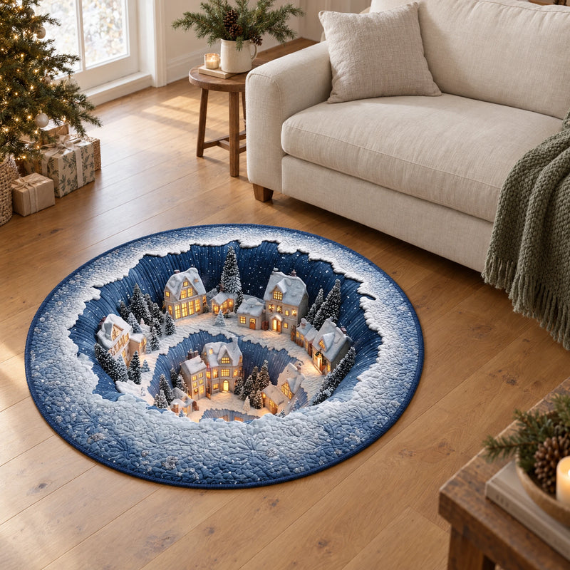 A 120 cm printed blue Christmas village rug beside a cream sofa on an oak floor