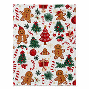 Gingerbread print Christmas throw blanket on a white ground, laid flat on a white background
