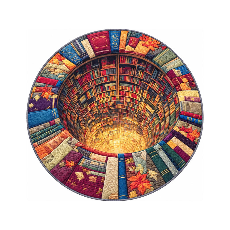 Color 1 library print round rug, 120 cm diameter, on a white background