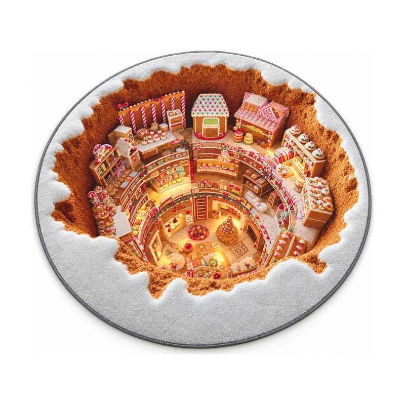 Color 5 gingerbread village print round rug, 120 cm diameter, on a white background