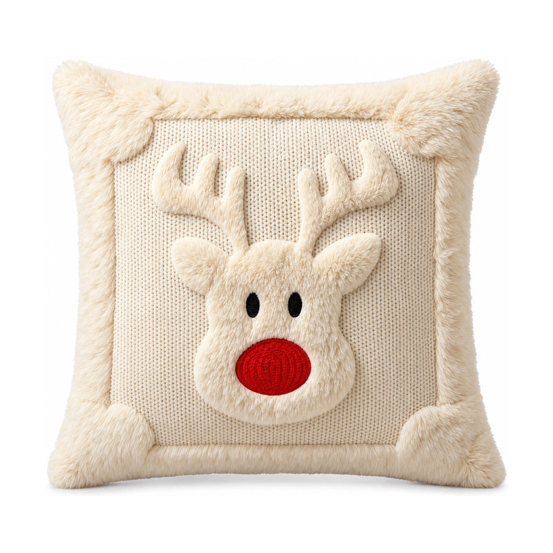 Christmas Reindeer Cushion Cover — Plush Reindeer Face, 18 in
