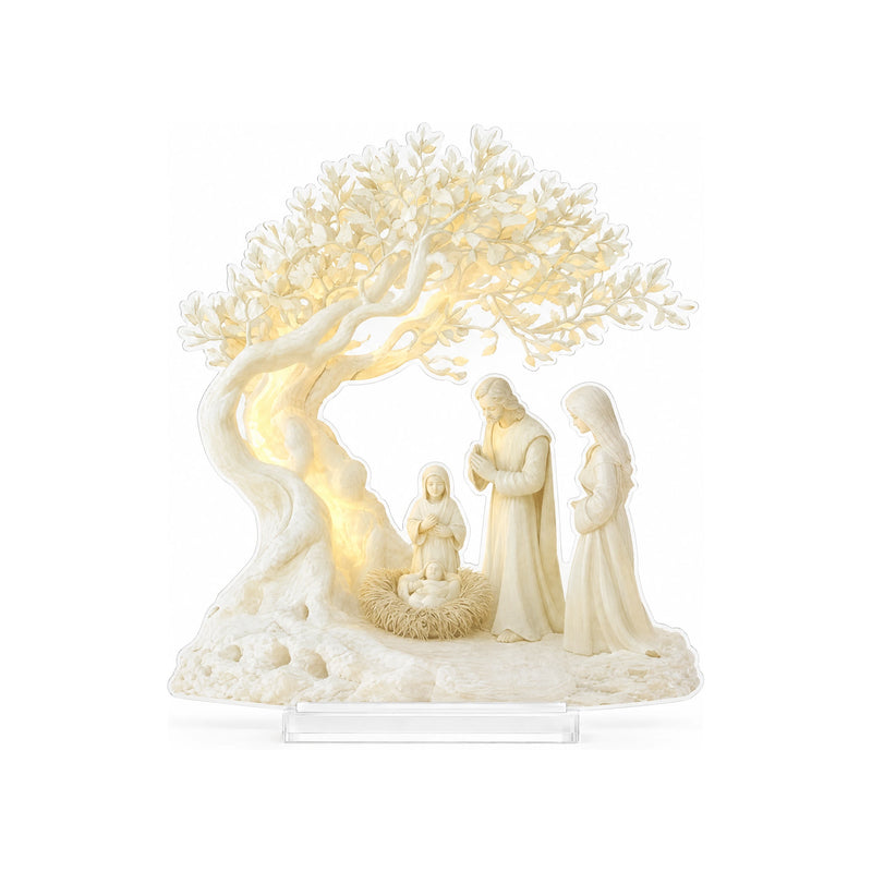 Flat Acrylic Christmas Nativity Scene – Holy Family Under an Olive Tree