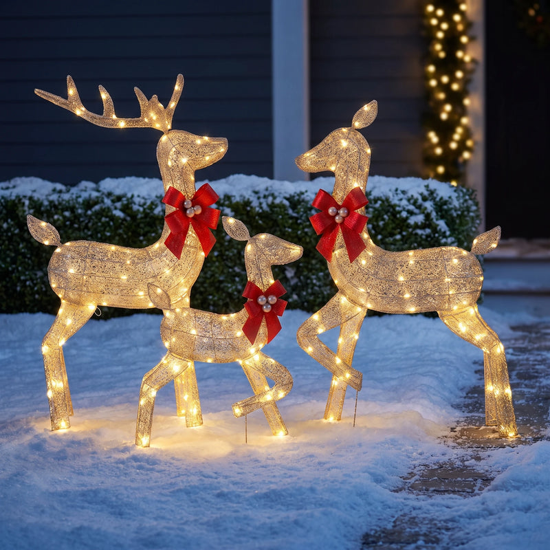 3-Piece Lighted Christmas Reindeer Family Set — Gold Glitter Mesh