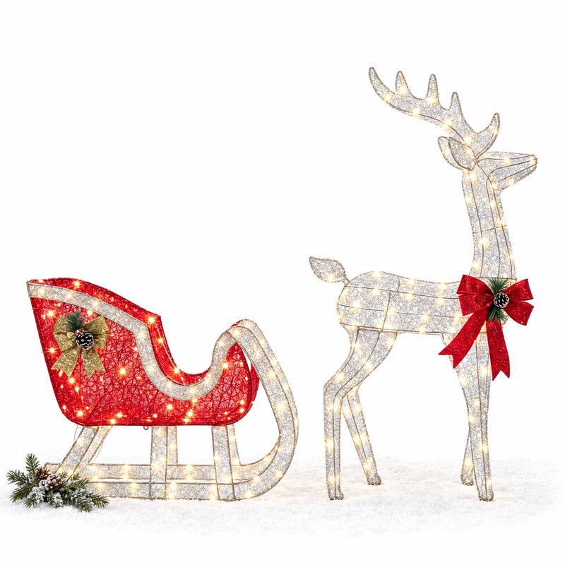 Lighted Christmas Reindeer & Santa Sleigh Set — 2-Piece, Pre-Lit