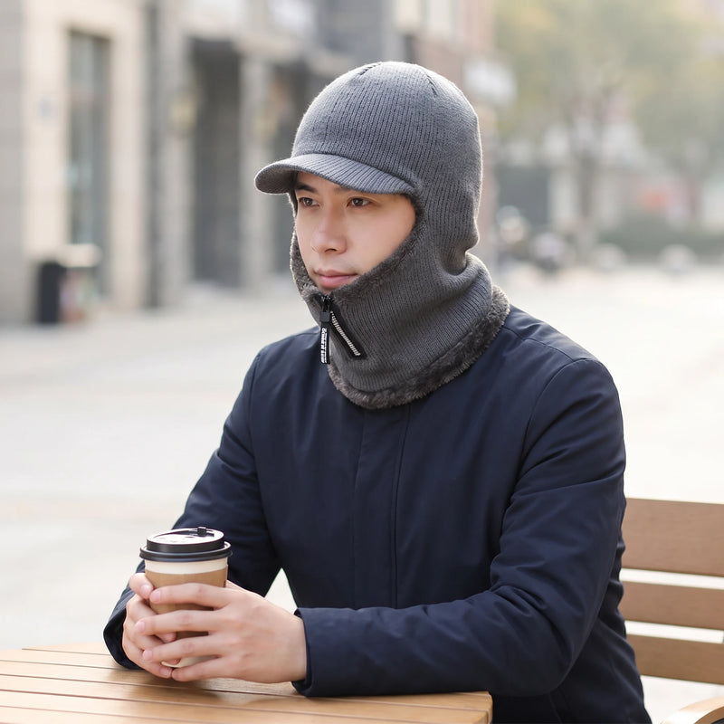 Knitted Winter Bomber Balaclava Hat — Visor & Ear Cover, One Size