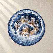 Round blue snowy village optical illusion rug on a pale cream floor