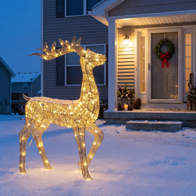 Glowing gold deer on a snowy front lawn at dusk
