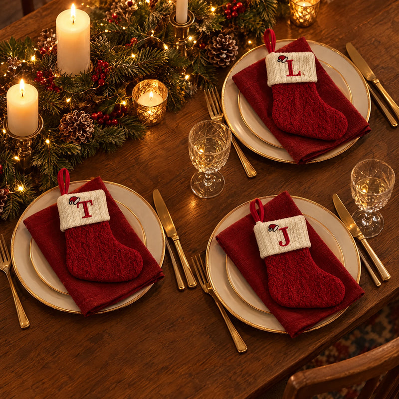 Letter stockings used as place cards on a Christmas table