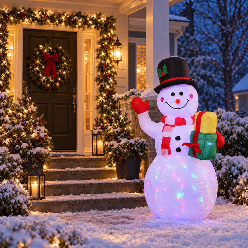 Inflatable snowman beside a decorated front porch