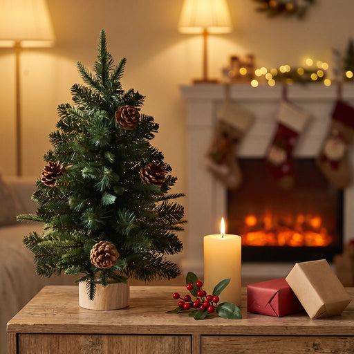 Mini Christmas tree on a wooden sideboard next to a candle and wrapped gifts