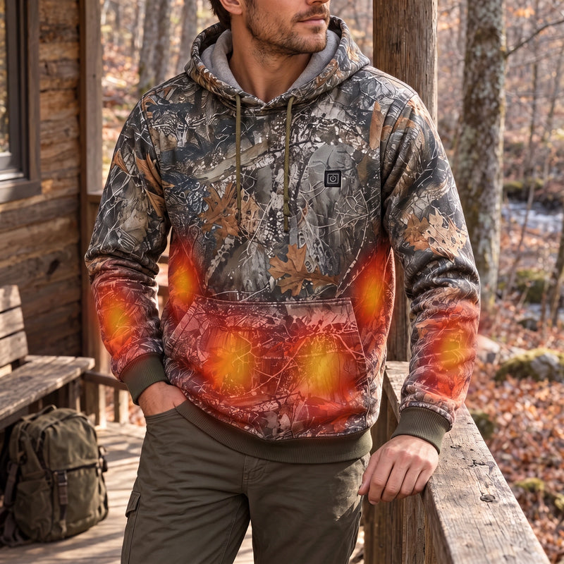 Man by a cabin railing wearing a camouflage hoodie with illustrative red-orange heating zones.