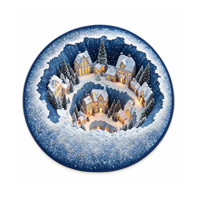Color 3 clustered snowy village printed round rug, 120 cm diameter, on a white background