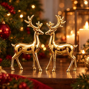 Close-up of two golden reindeer with branching antlers