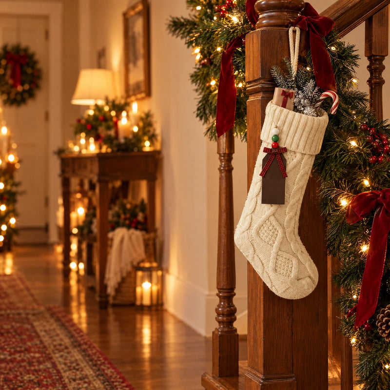 Cream knit stocking hanging on a decorated staircase