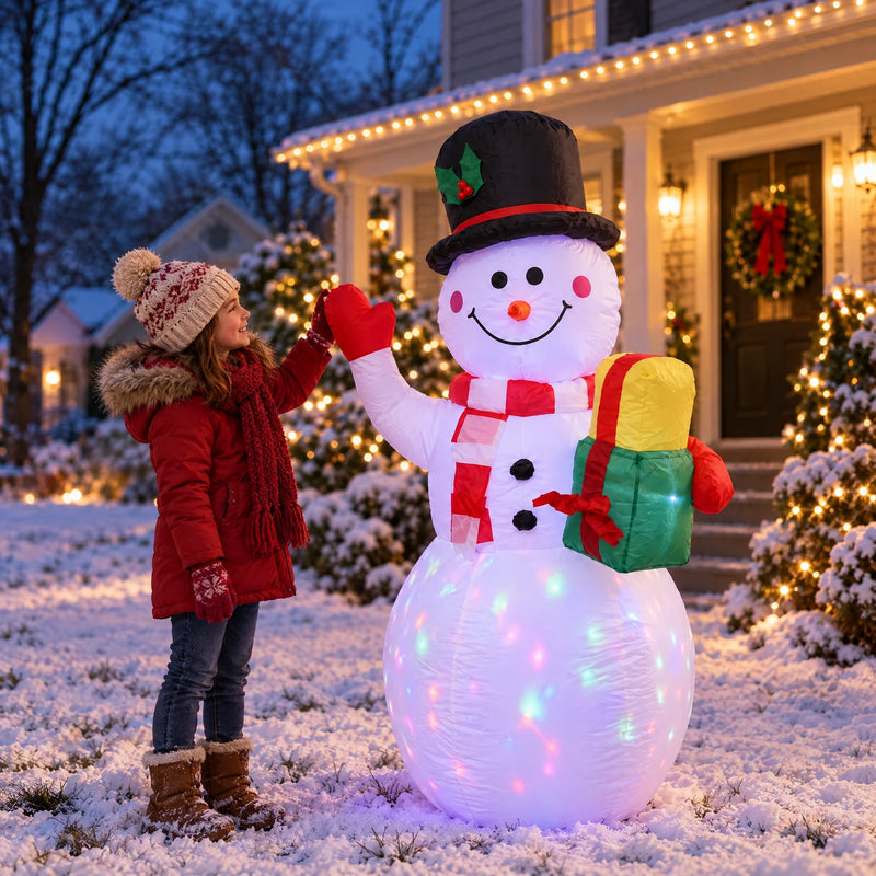 Child giving a high five to the 5 ft inflatable snowman