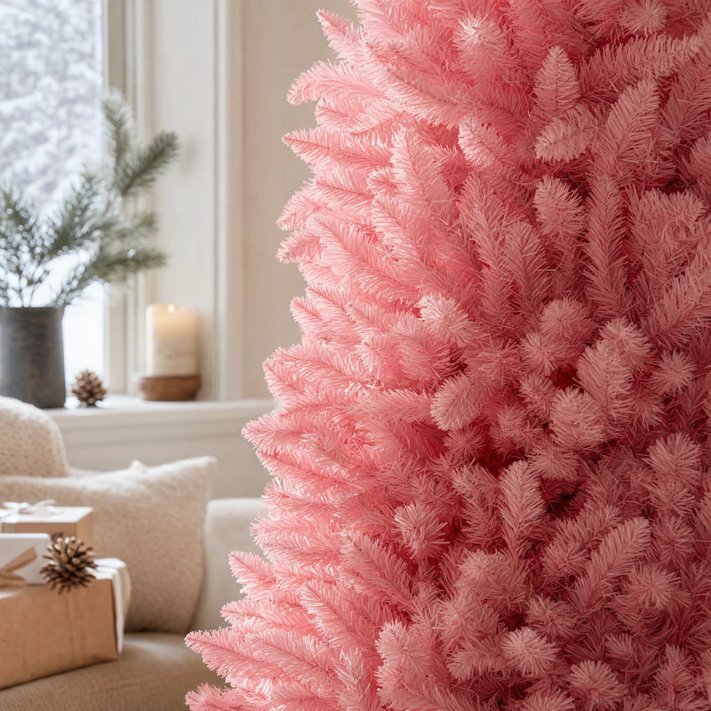 Close-up of the dense pink PVC foliage on the side of the tree