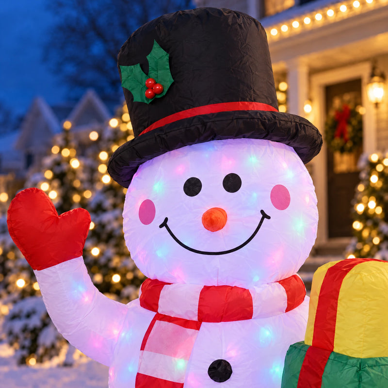 Close-up of the snowman top hat, scarf and smiling face