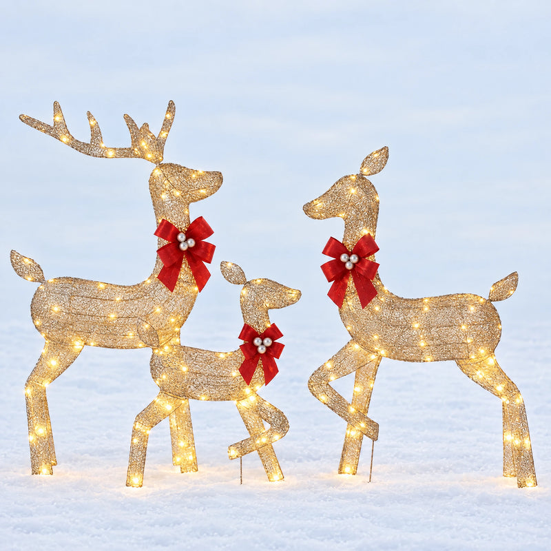 3-Piece Lighted Christmas Reindeer Family Set — Gold Glitter Mesh