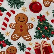 Close-up of the gingerbread print showing a gingerbread man, a decorated tree and a candy cane