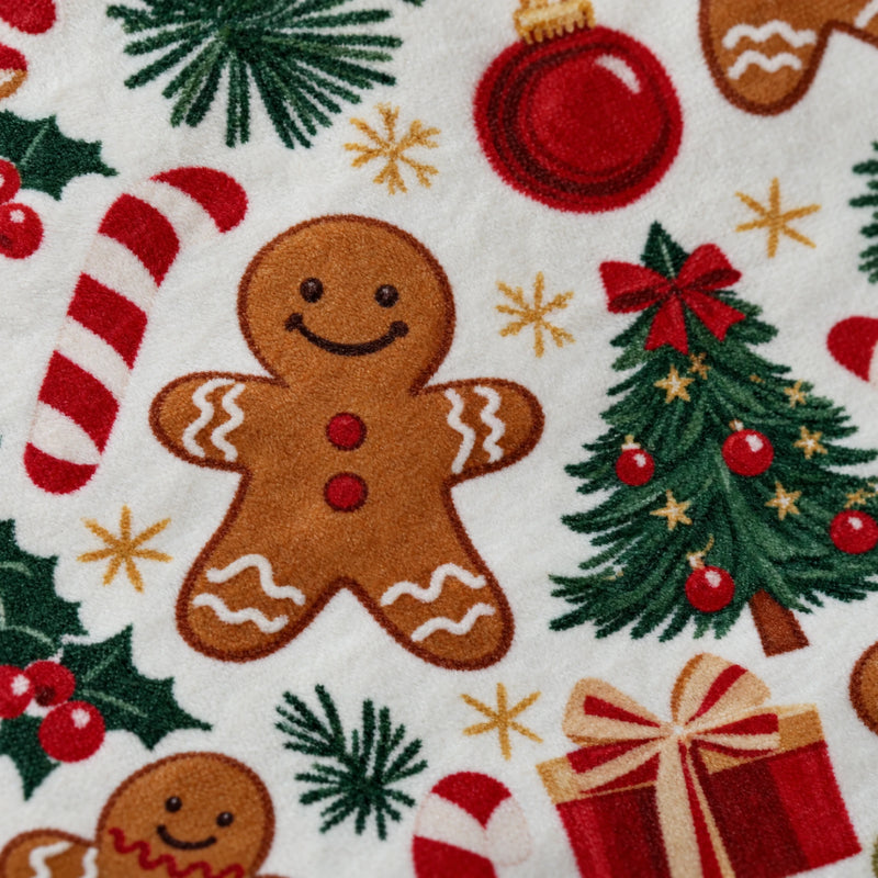 Close-up of the gingerbread print showing a gingerbread man, a decorated tree and a candy cane