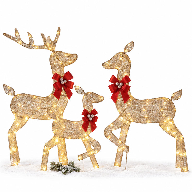 3-Piece Lighted Christmas Reindeer Family Set — Gold Glitter Mesh