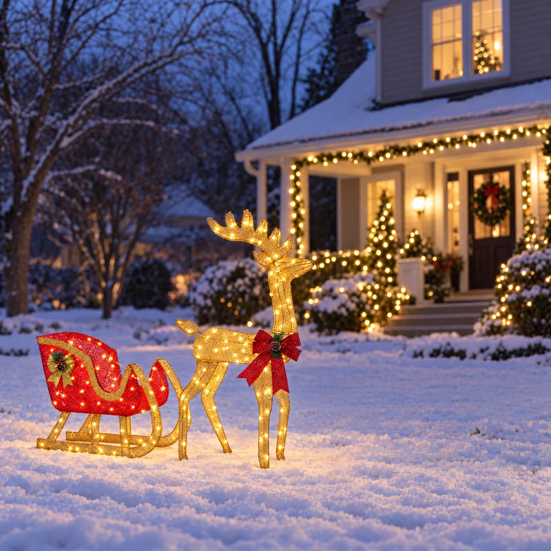 Lighted Christmas Reindeer & Santa Sleigh Set — 2-Piece, Pre-Lit