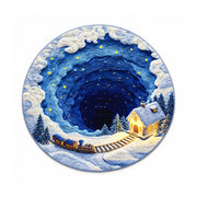 Color 5 night train and cottage printed round rug, 80 cm diameter, on a white background