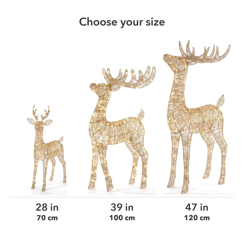 Light-up Christmas deer size comparison: 28 in / 70 cm, 39 in / 100 cm, 47 in / 120 cm