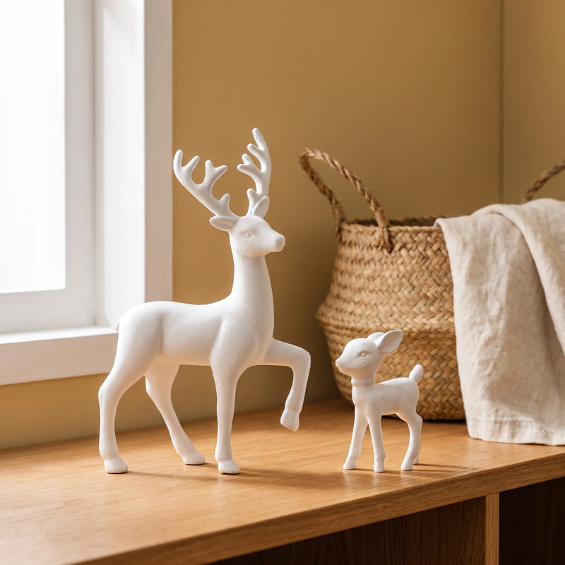 White deer and fawn figurines on a home shelf