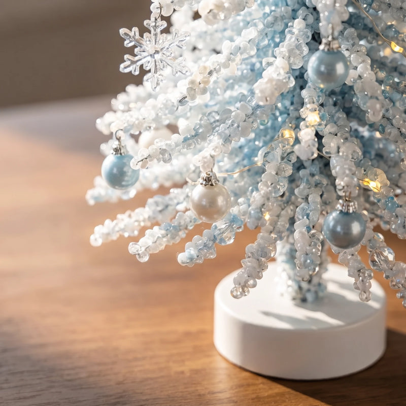 Close view of the white and pale blue beaded winter tree