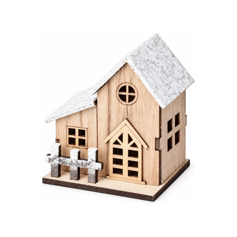 Christmas LED Light Wooden House – Snow-Flocked Wood Cabin Decoration
