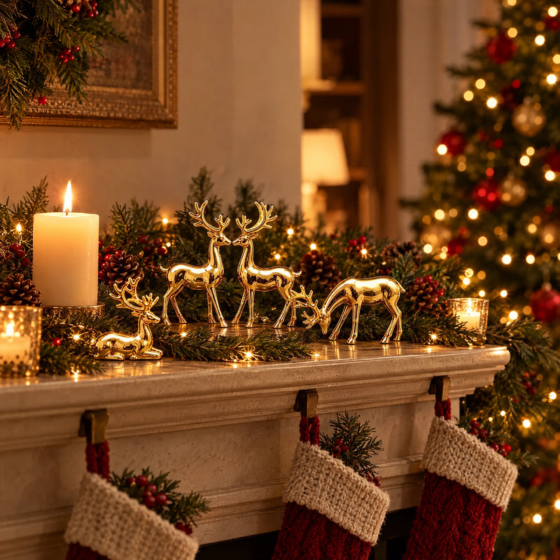 Golden reindeer figurines on a Christmas mantel