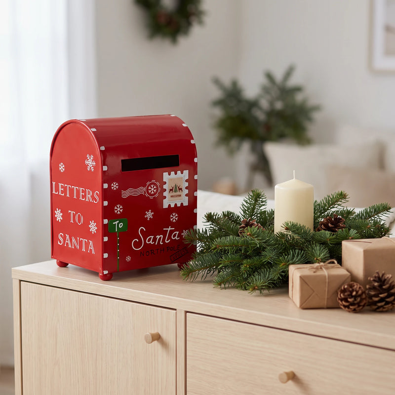 Red Christmas mailbox on a wooden sideboard with fir branches, a candle and wrapped gifts