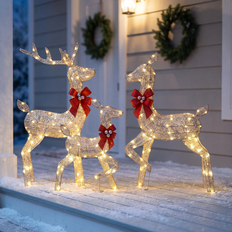 3-Piece Lighted Christmas Reindeer Family Set — Gold Glitter Mesh