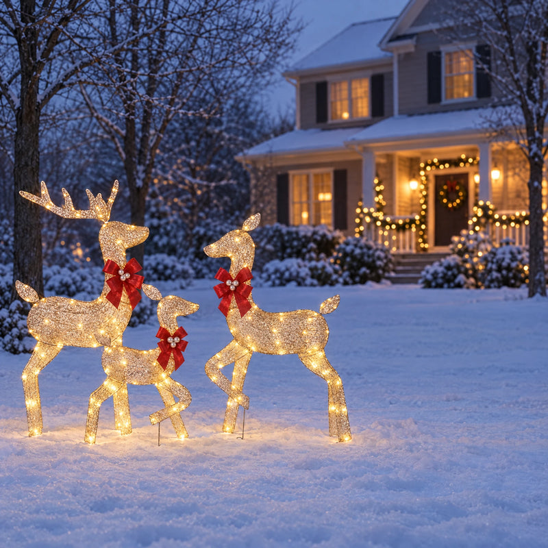 3-Piece Lighted Christmas Reindeer Family Set — Gold Glitter Mesh