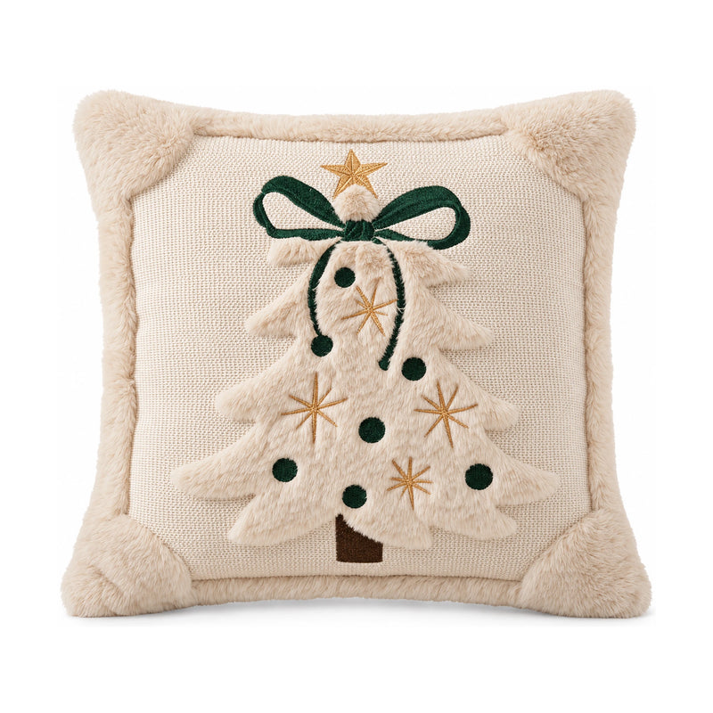 3D Christmas Tree Cushion Cover — Faux Plush Embroidered Tree, 18 in